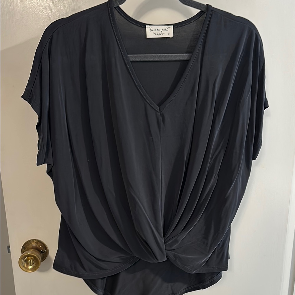 Lavender Field Gray Short Sleeve Relaxed Tie Front Blouse